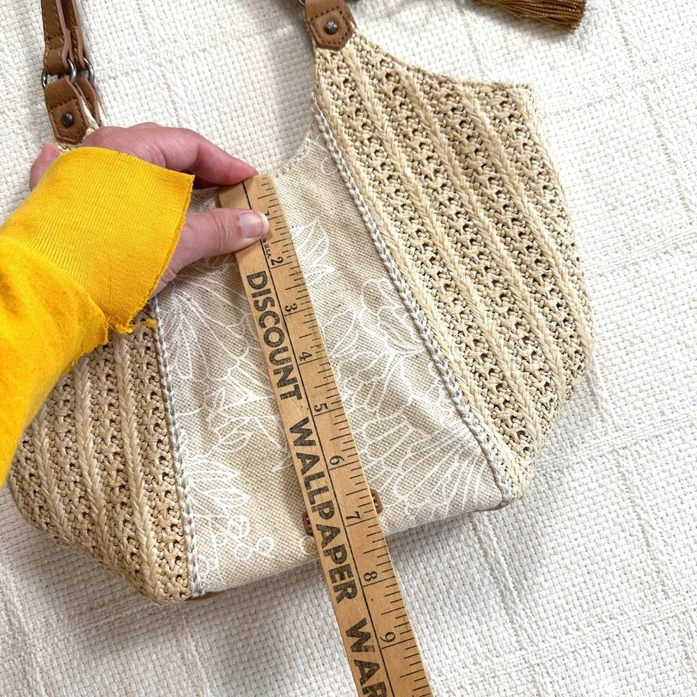 Sakroots Roma Straw Canvas Floral Boho Shoulder Bag Butterfly Charm Tan Medium